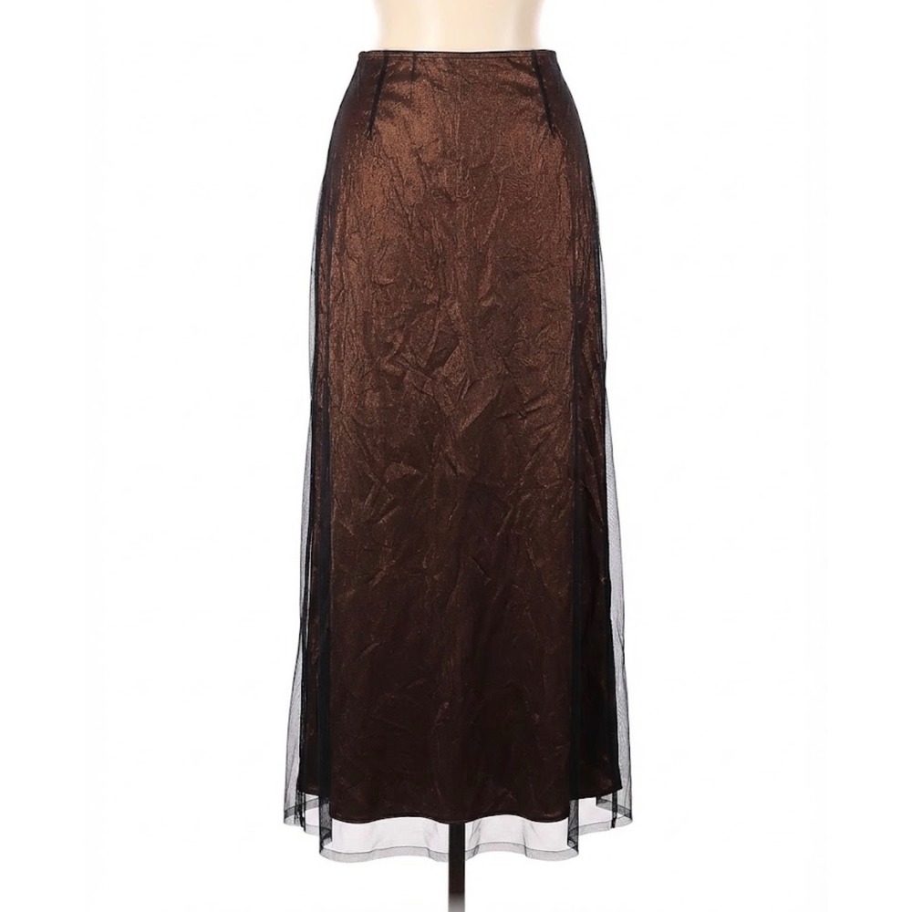 Adrianna Papell 90s Goth Bronze Metallic Mesh Maxi Skirt 4 Vampy Sheer Evening